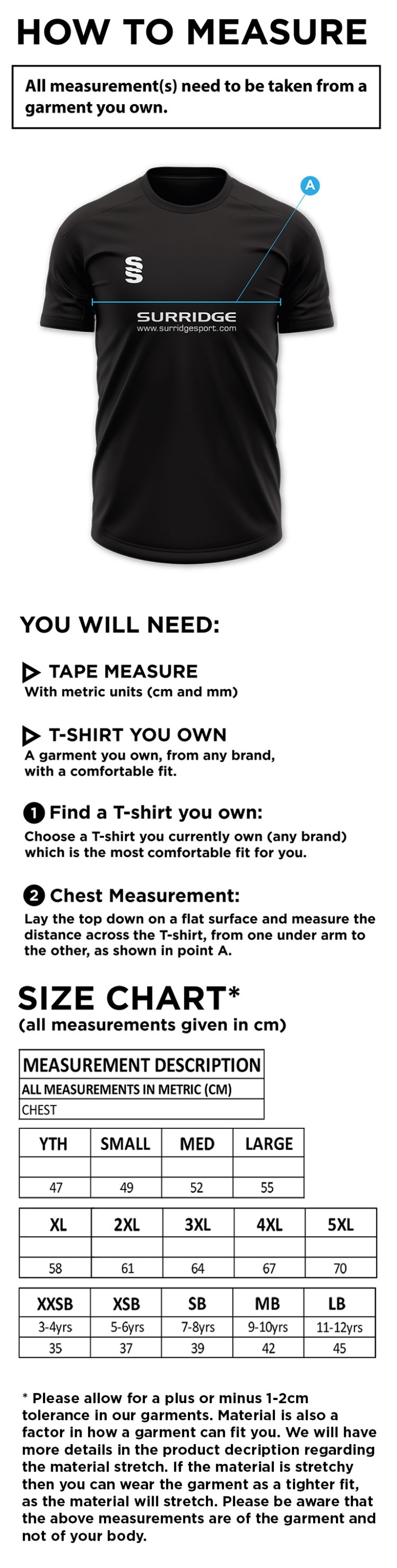 Windermere Hockey Club Blade Training Tee - Size Guide