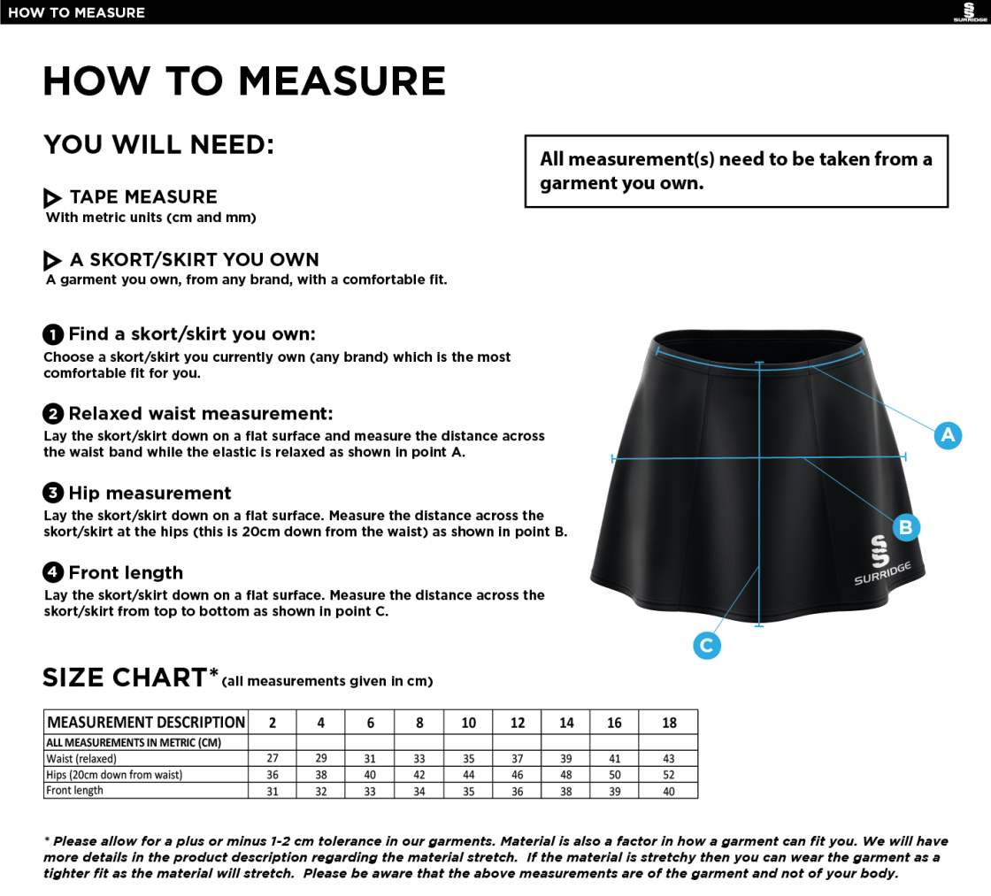 Windermere Hockey Club Skort - Size Guide