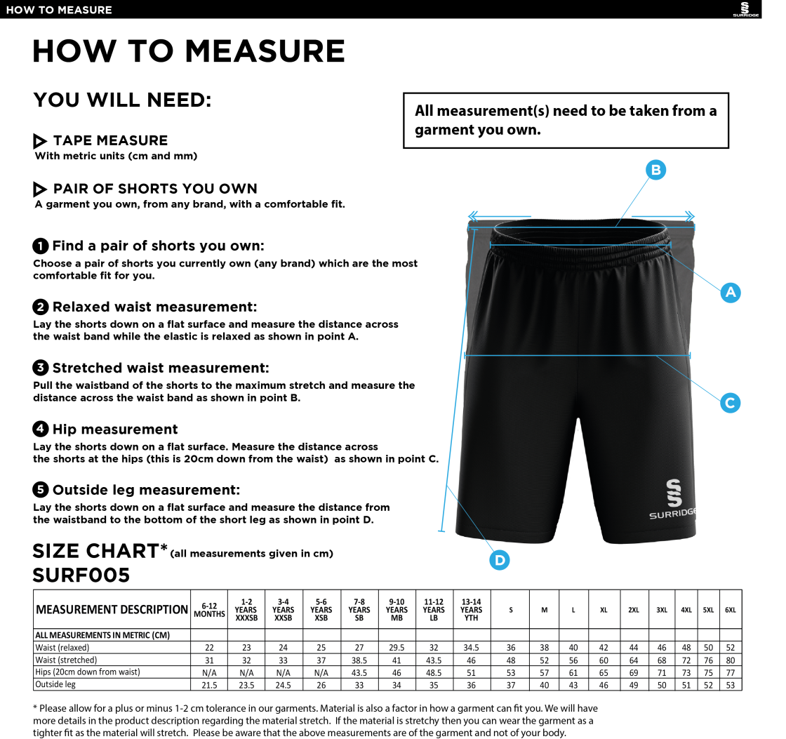 Windermere Hockey Club Shorts - Size Guide