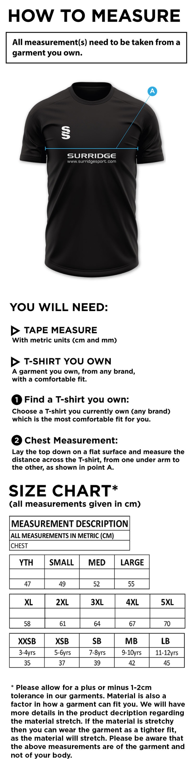 Windermere Hockey Club Blade Training Tee - Size Guide