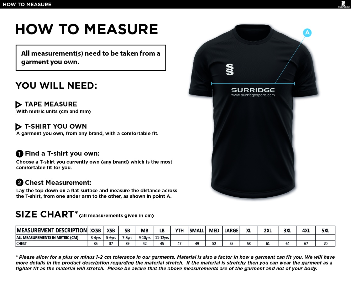 Windermere Hockey Club Blade Training Tee - Size Guide