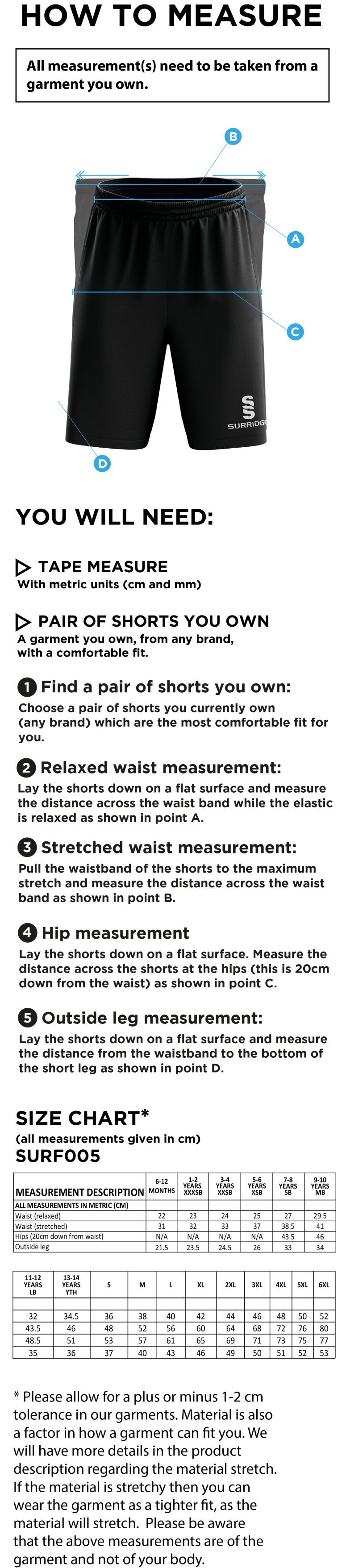 Windermere Hockey Club Shorts - Size Guide