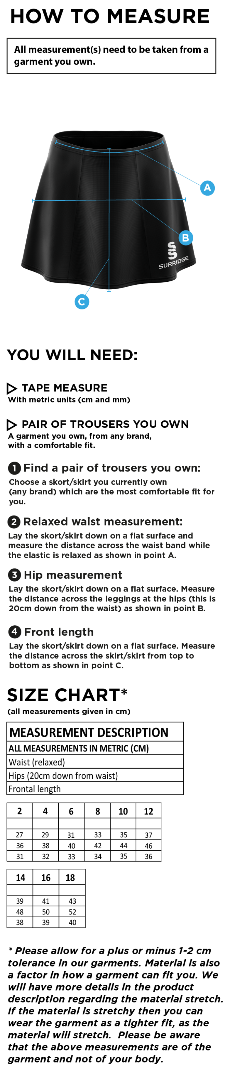 Windermere Hockey Club Skort - Size Guide